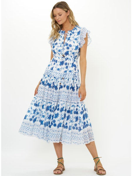 CINCHED FLIRTY MIDI-BLUE