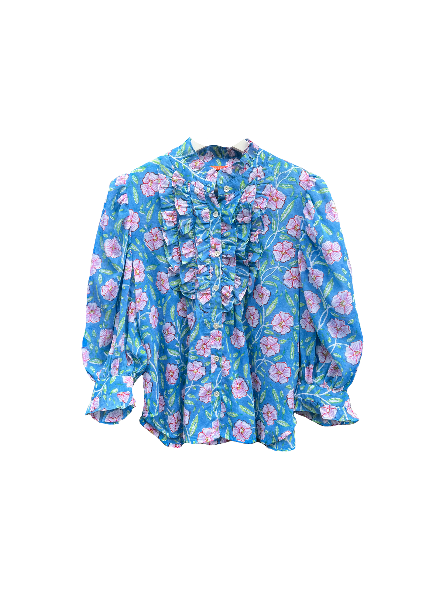RUFFLE FRONT BUTTON BLOUSE - AMALFI BLUE