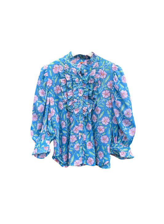 RUFFLE FRONT BUTTON BLOUSE - AMALFI BLUE