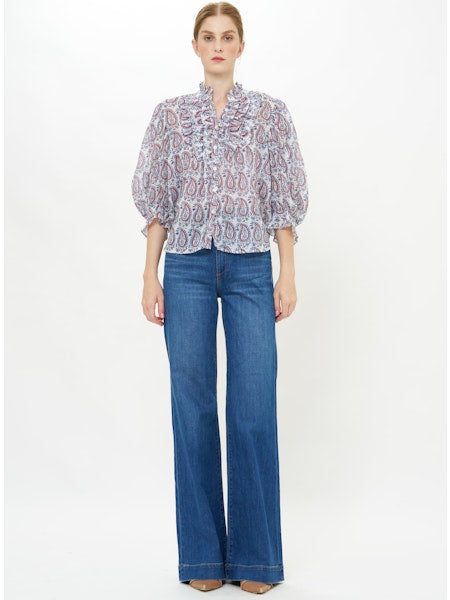 RUFFLE FRONT BUTTON BLOUSE-KOCHI BLUE