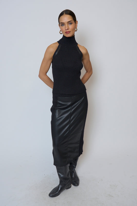 VEGAN LEATHER SLVLESS T NECK TOP