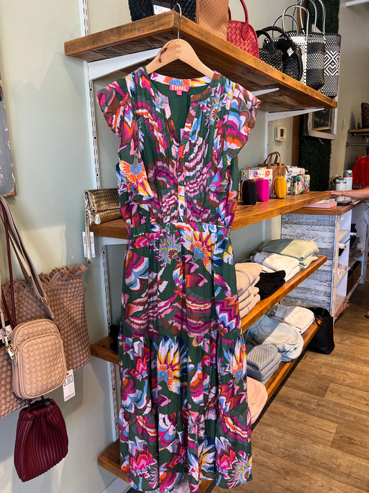 GREEN PRINTED MIDI DRESS