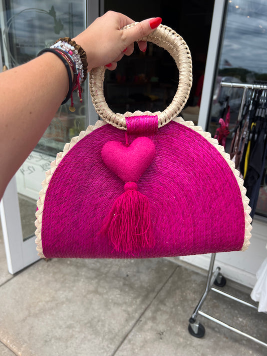 HAND WOVEN CRESCENT PURSE WITH POMPOM- ASSORTED