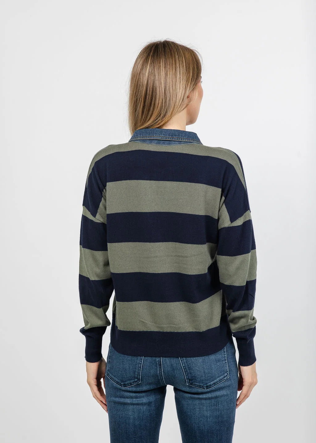 RUGBY TOP WITH DENIM COLLAR - NAVY/MOSS