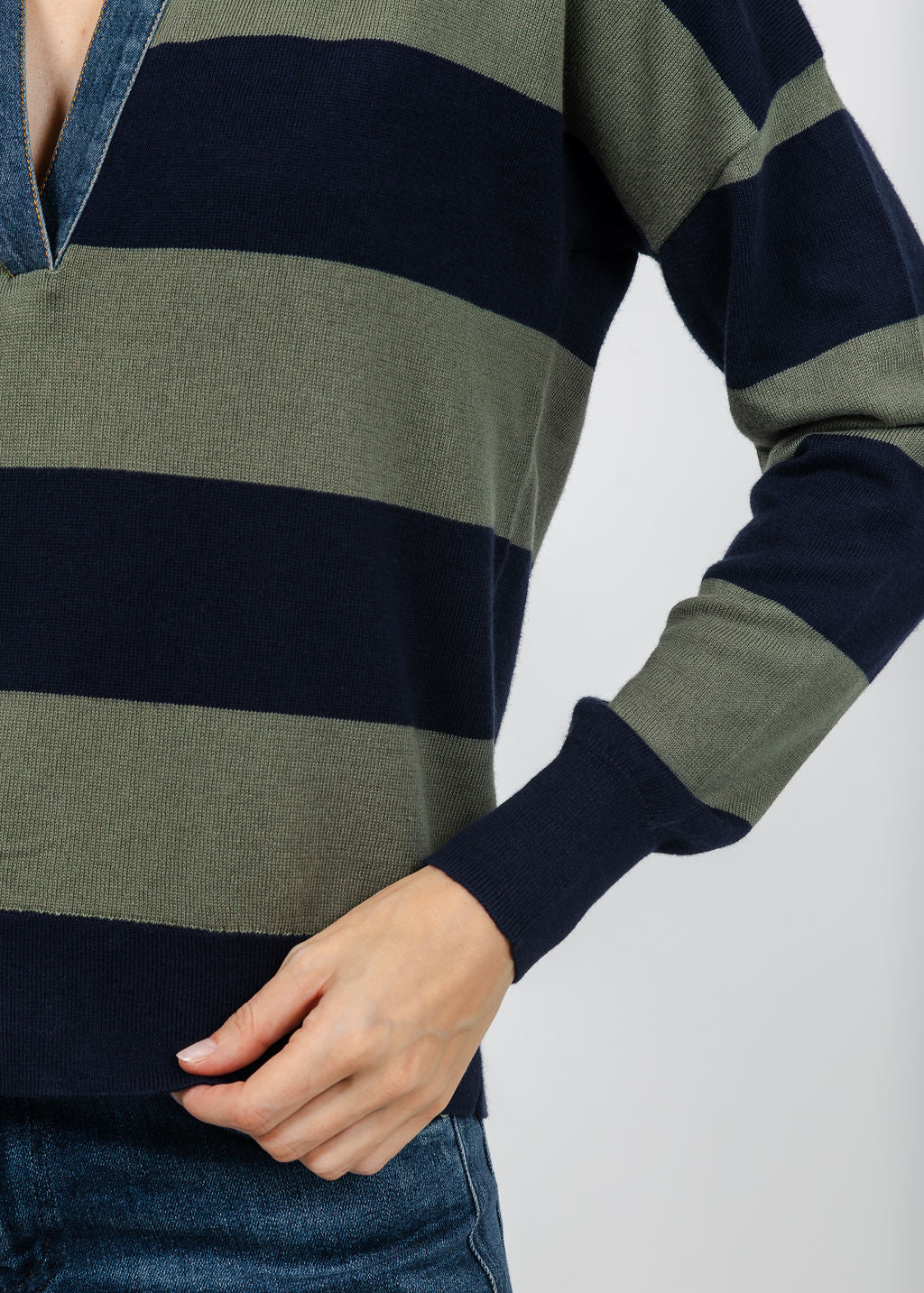 RUGBY TOP WITH DENIM COLLAR - NAVY/MOSS
