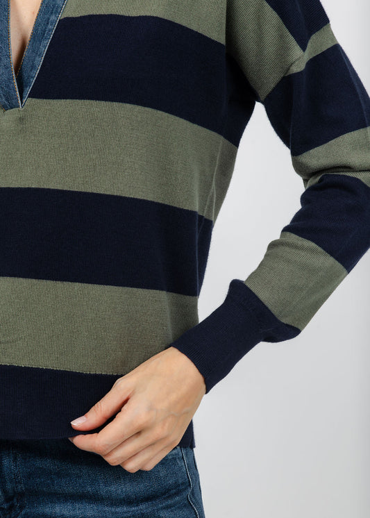 RUGBY TOP WITH DENIM COLLAR - NAVY/MOSS
