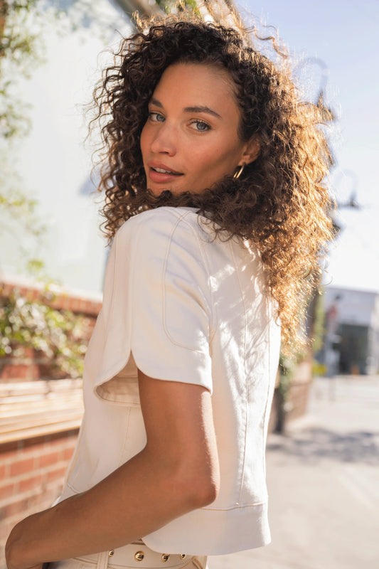 COLLARLESS SHORT SLEEVE CROPPED JACKET