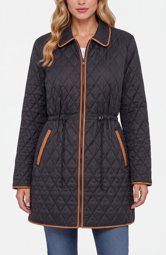 ZIP FRONT QUILTED JACKET W/ CINCHED WAIST - BLACK