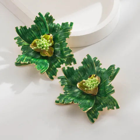 LARGE ALLOY FLORWER EARRINGS - GREEN