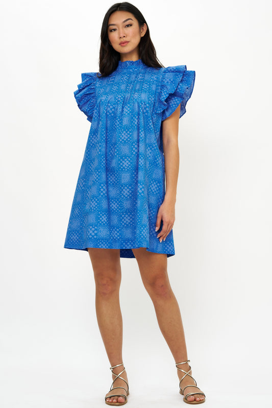 PINTUCK RUFFLE MINI DRESS - MATRIX BLUE
