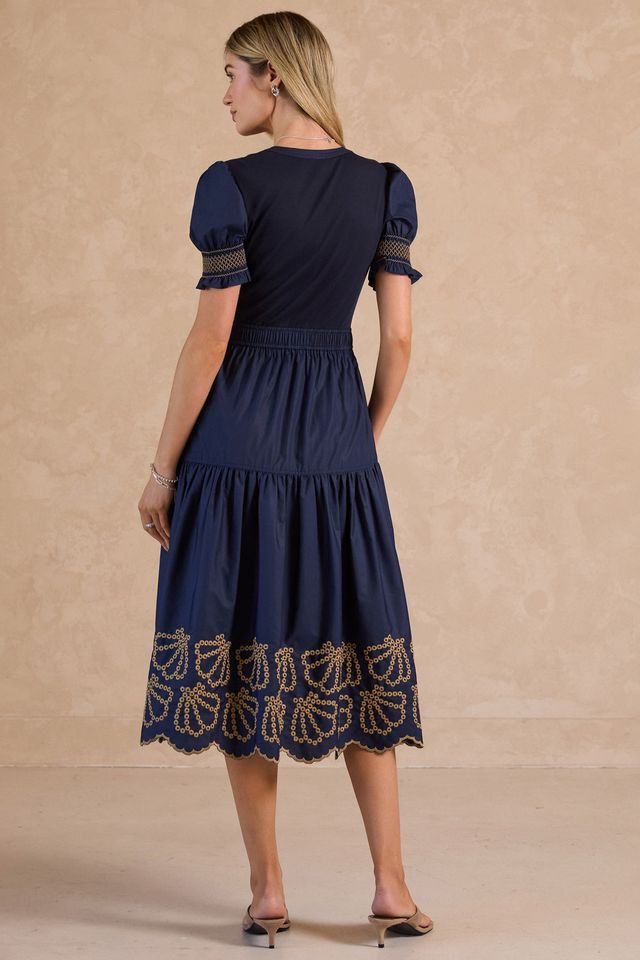 EYELET MIDI DRESS - NAVY