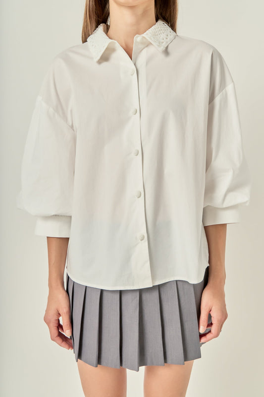 BALLOON SLEEVE TOP WITH LACE COLLAR