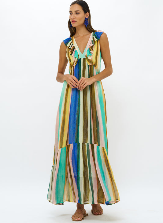 RUFFLE V-NECK MAXI - ZANZIBAR MULTI