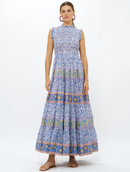 SLEEVELESS SMOCKED MAXI - PORTLAND BLUE