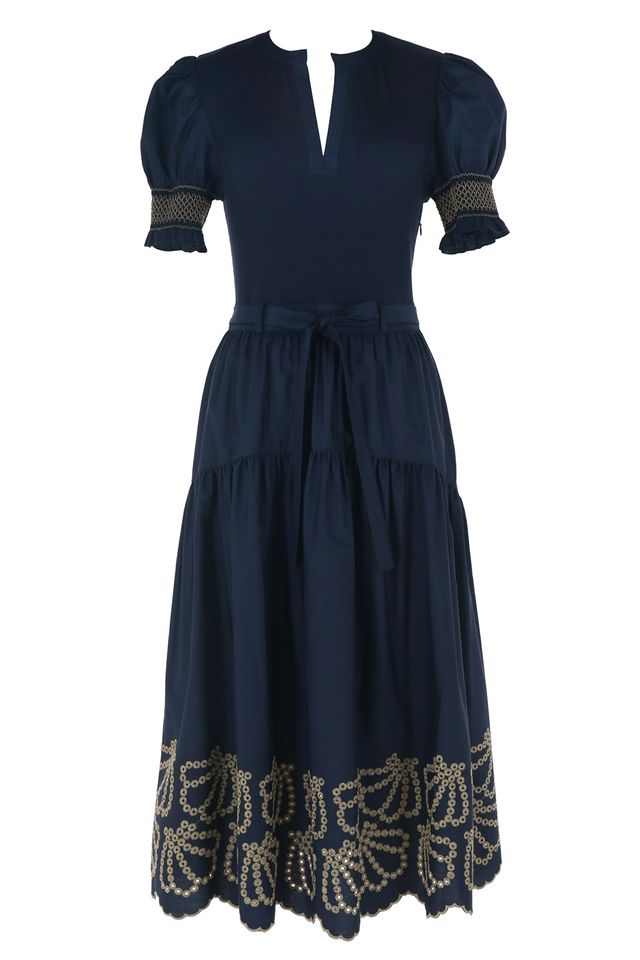 EYELET MIDI DRESS - NAVY