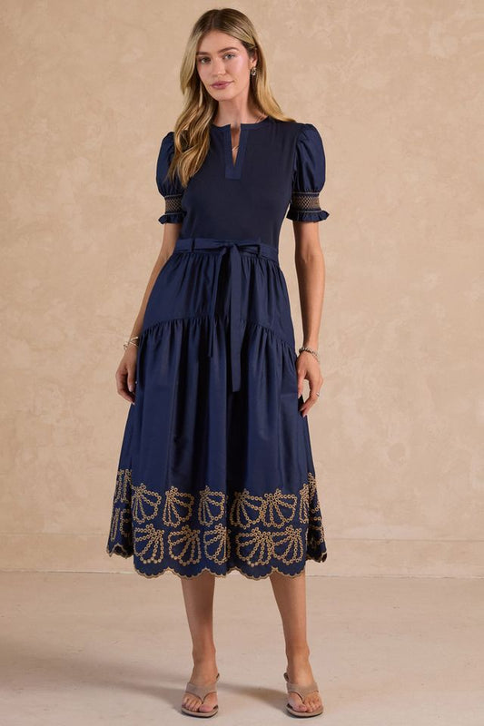 EYELET MIDI DRESS - NAVY