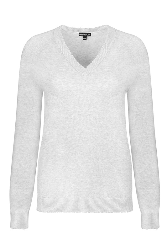 Cotton/Cashmere Distressed V Neck in Light Heather Grey