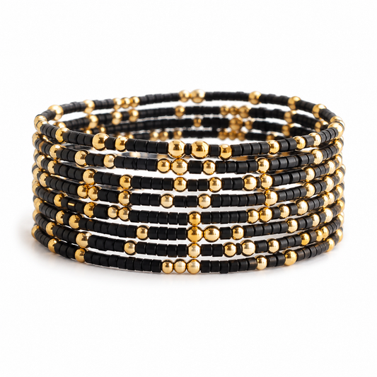 Confetti Beaded Bangle-Black, Adjustable Stackable Bracelets