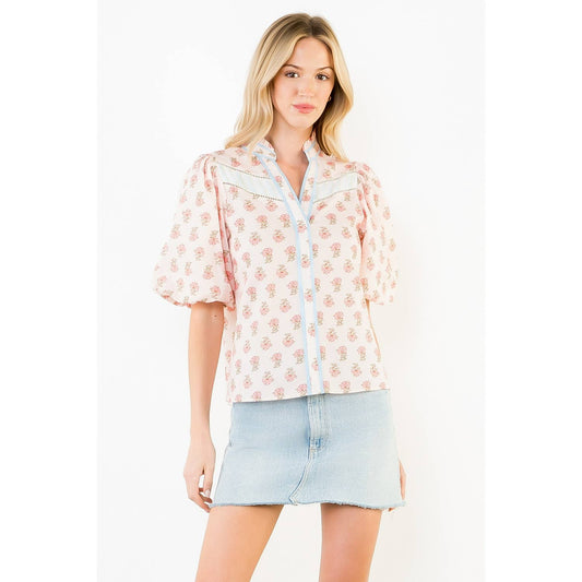 Puff Sleeve Floral Detail V-Neck Top