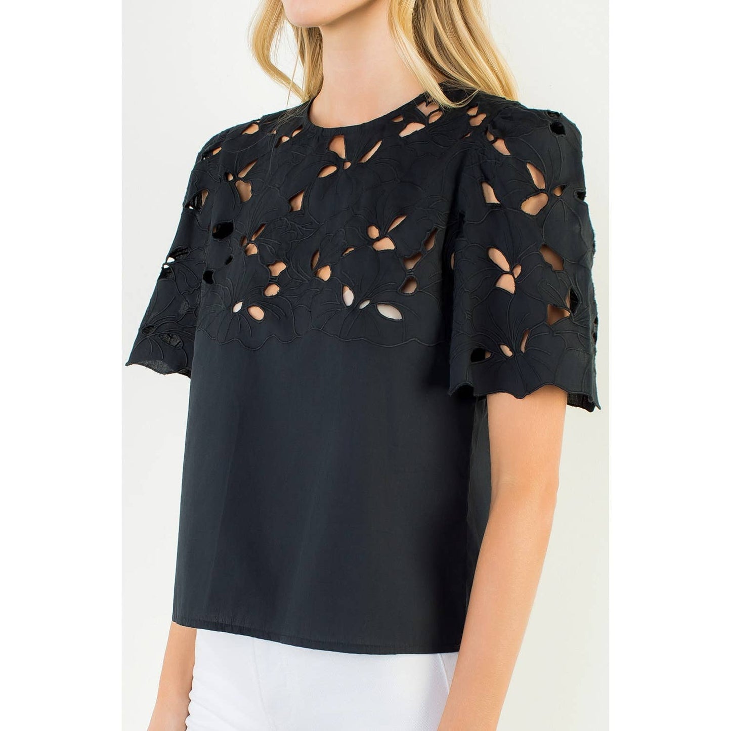Short Sleeve Eyelet Top - Black