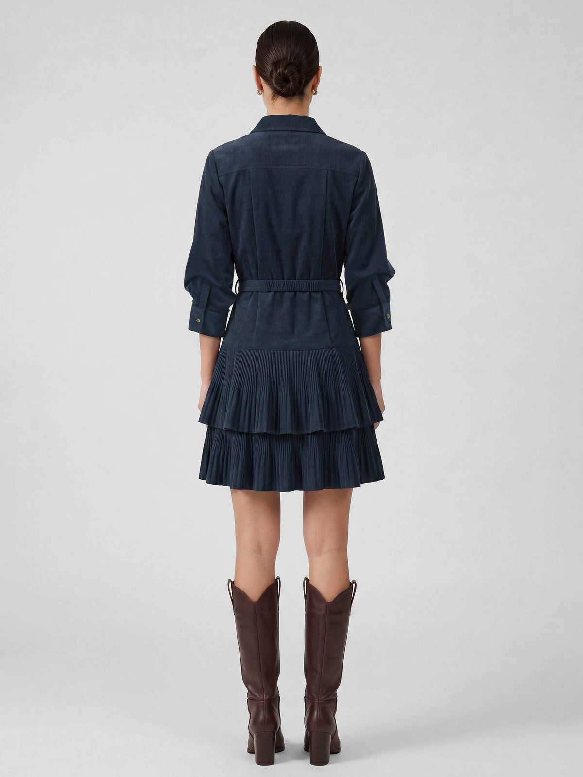 Corduroy Tiered Pleated Shirt Dress