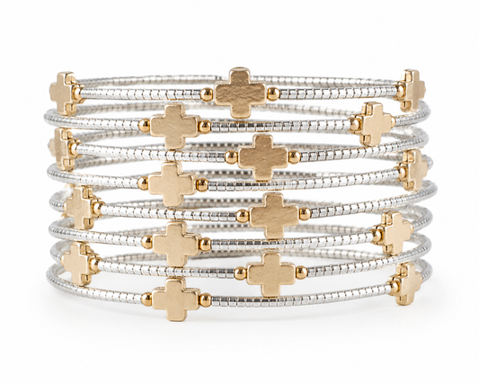Faithful Beaded Cross Bangle w/ Matte Gold Crosses-Silver