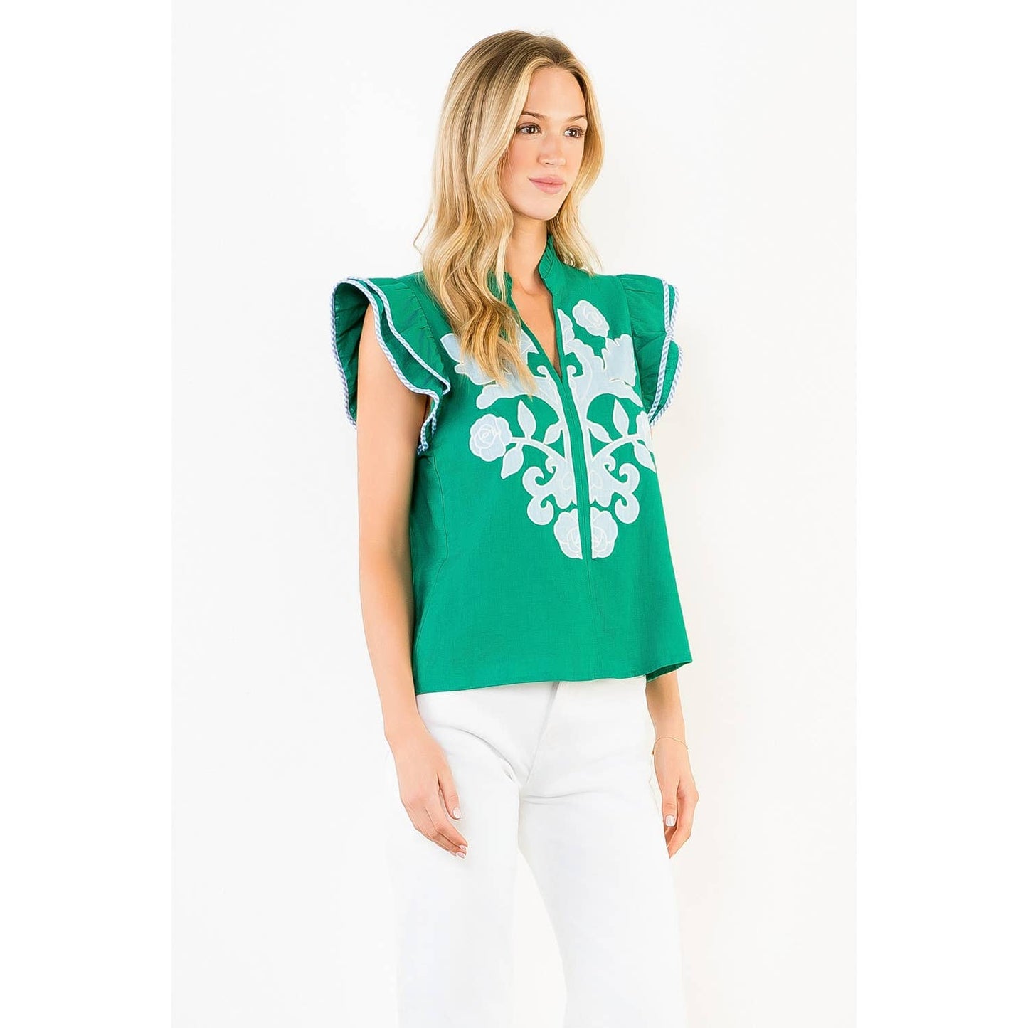 Embroidered Top With Ruffled Flutter Sleeves