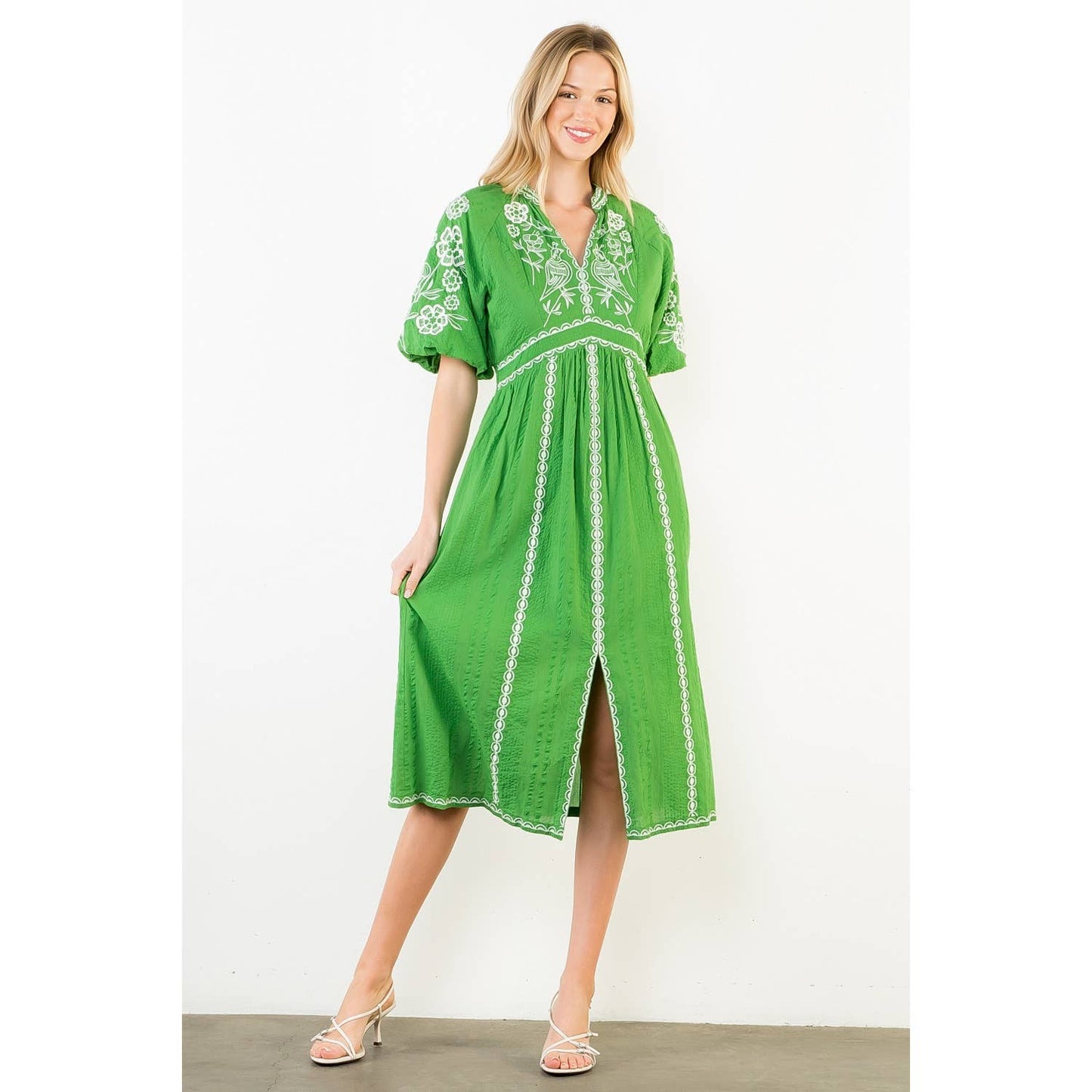 Puff Sleeve Embroidered Detail Dress