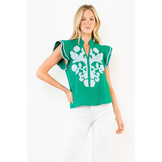 Embroidered Top With Ruffled Flutter Sleeves