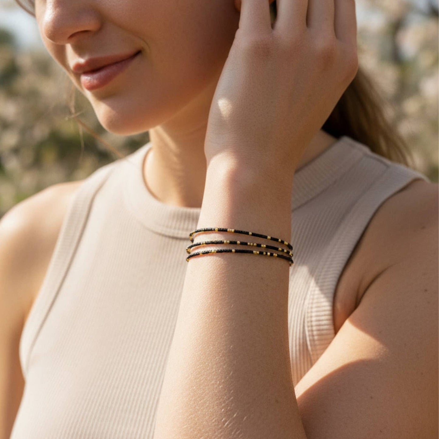 Confetti Beaded Bangle-Black, Adjustable Stackable Bracelets