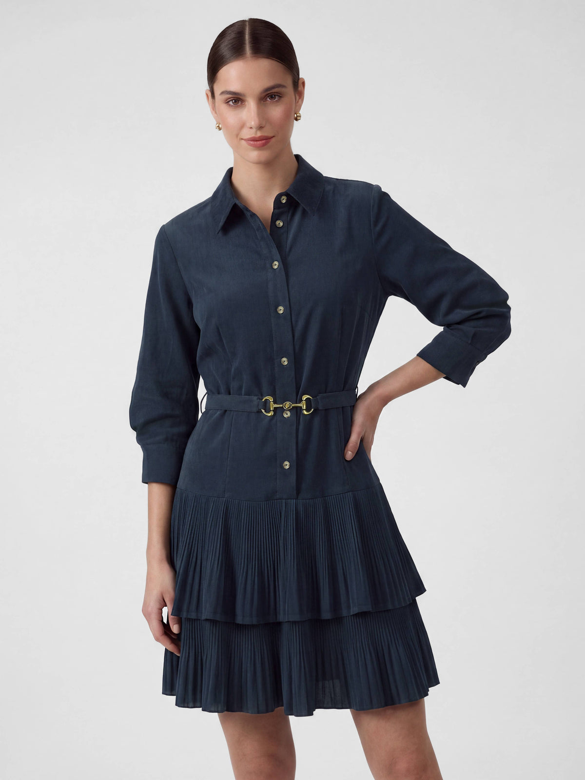 Corduroy Tiered Pleated Shirt Dress