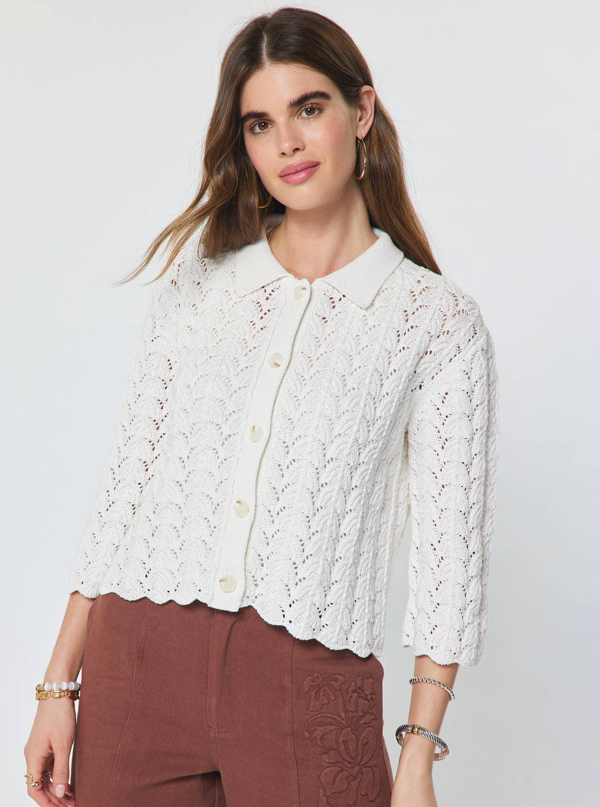 3/4 Sleeve Cotton Open-Knit Cardigan