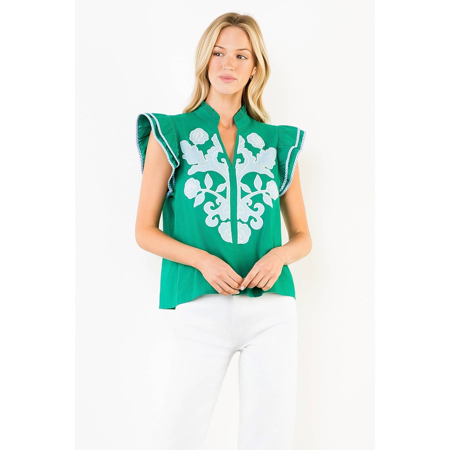 Embroidered Top With Ruffled Flutter Sleeves