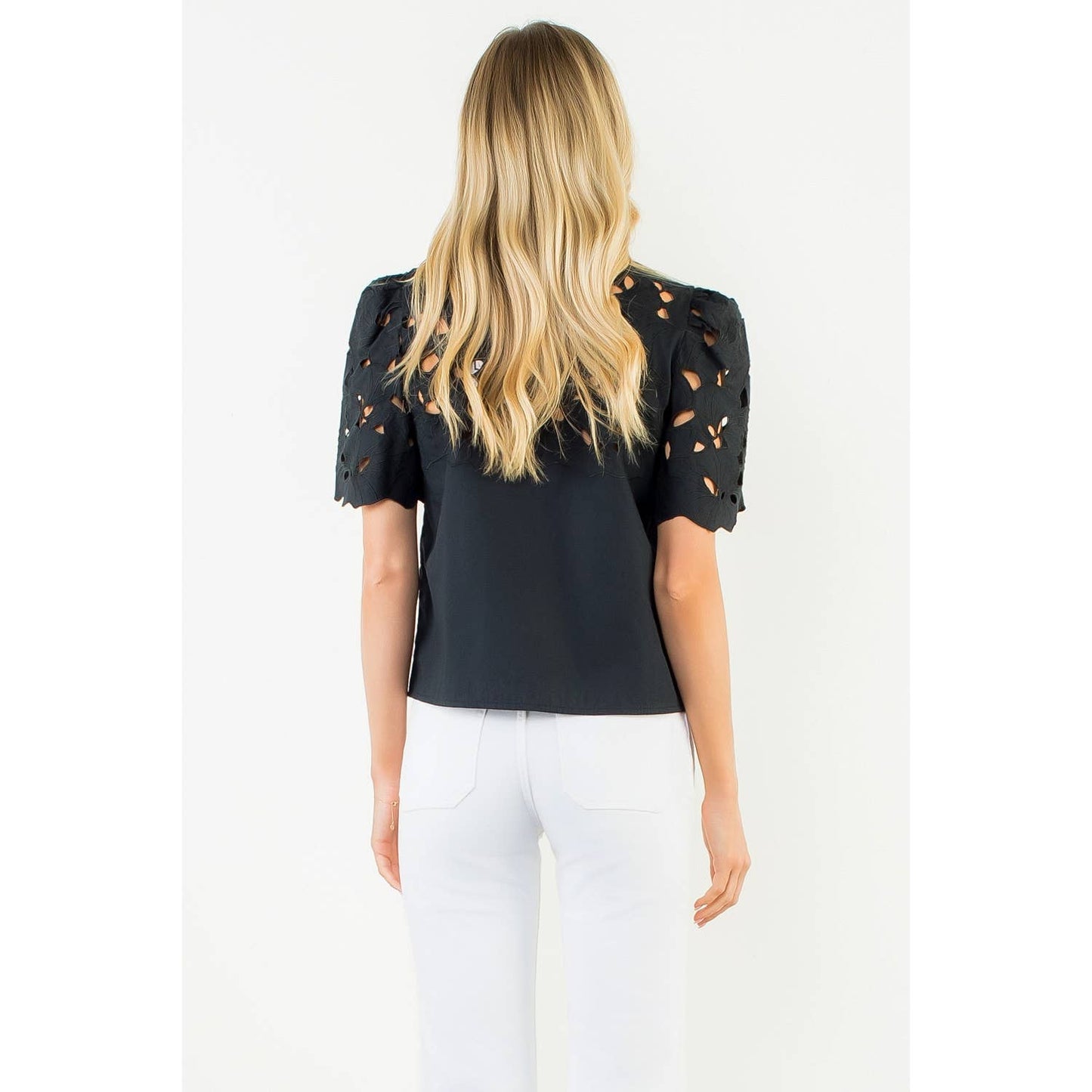 Short Sleeve Eyelet Top - Black