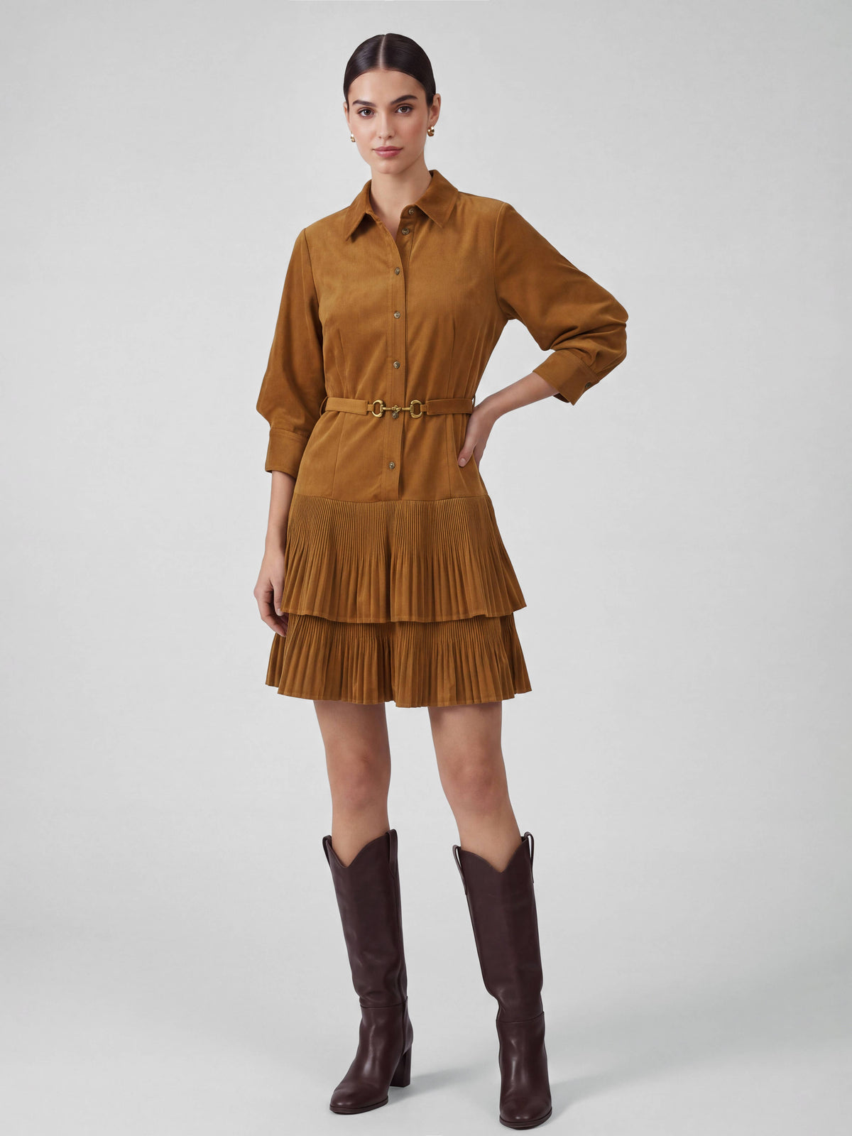 Corduroy Tiered Pleated Shirt Dress