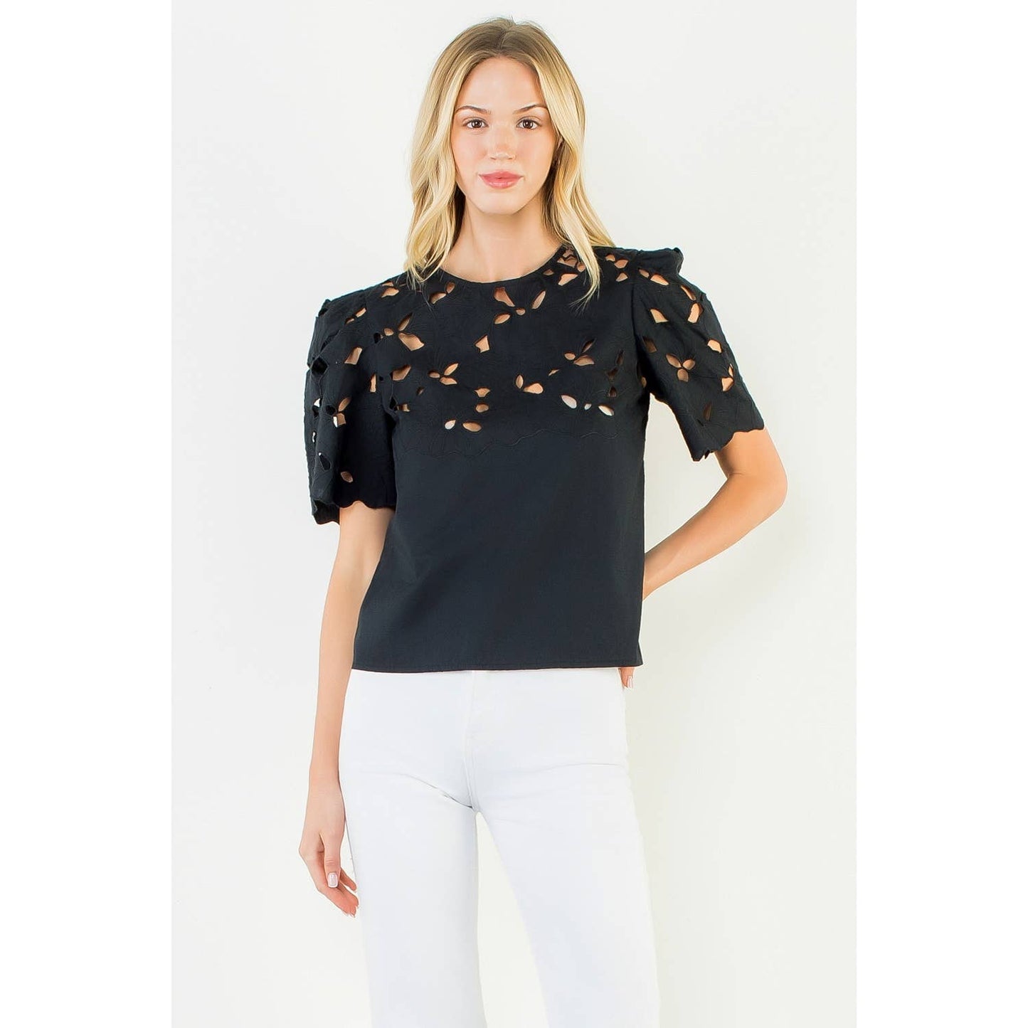 Short Sleeve Eyelet Top - Black