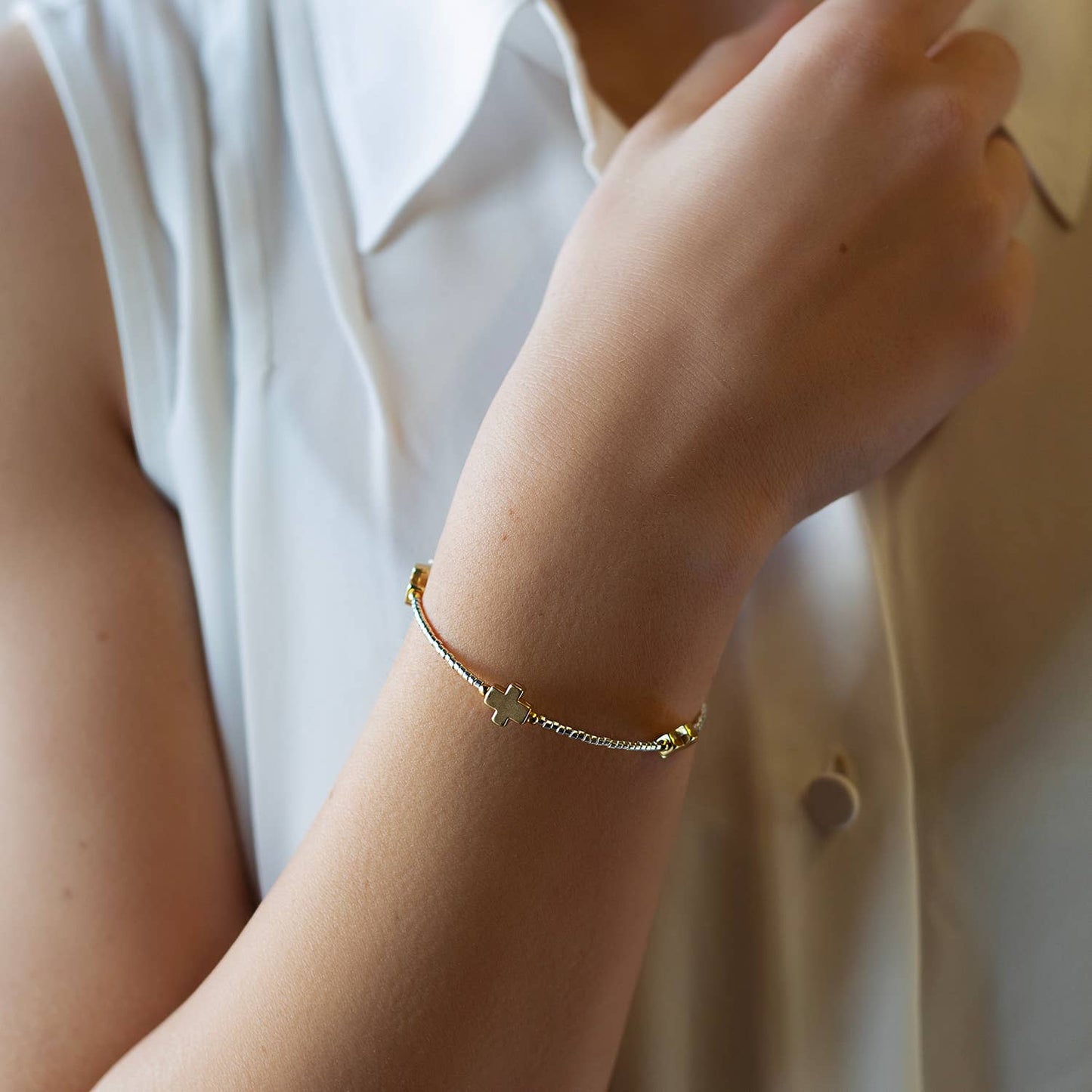 Faithful Beaded Cross Bangle w/ Matte Gold Crosses-Silver