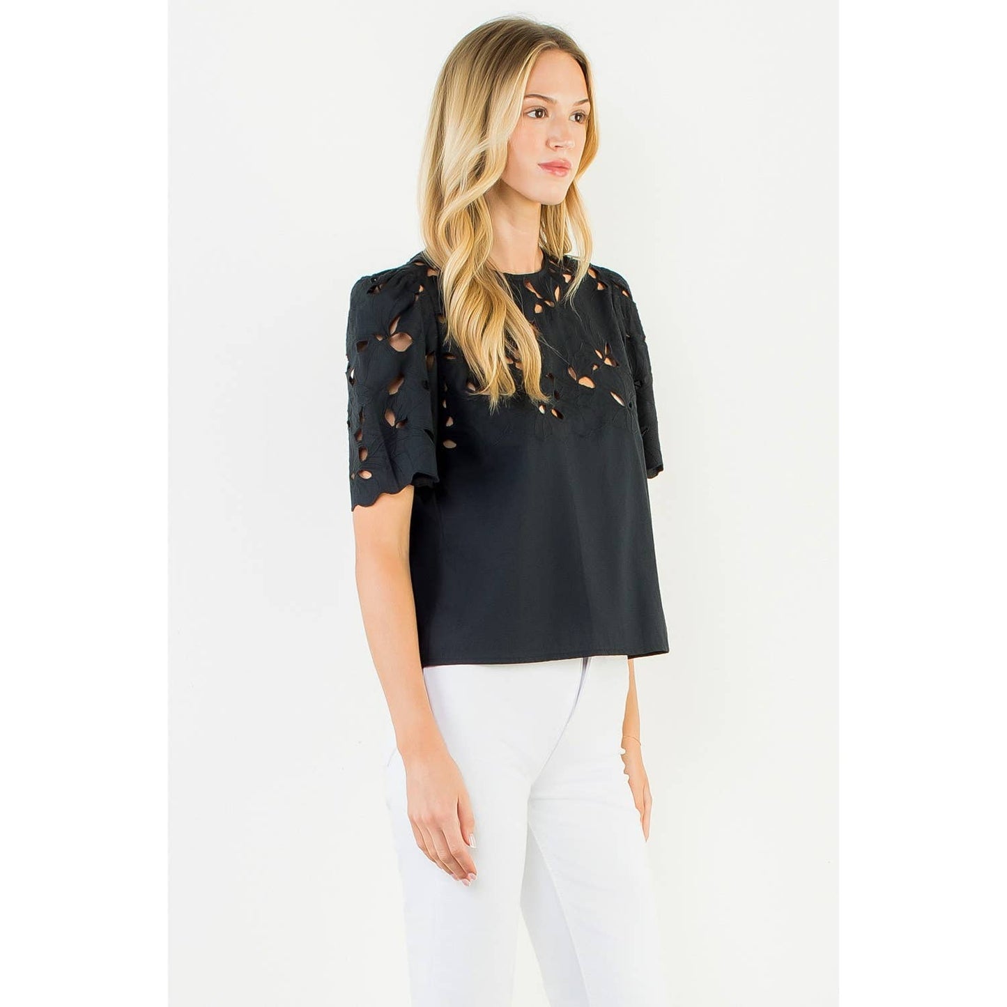 Short Sleeve Eyelet Top - Black