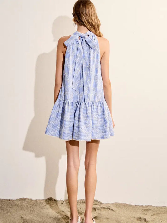 BLUE STRIPED HALTER DRESS WITH BOW DETAIL
