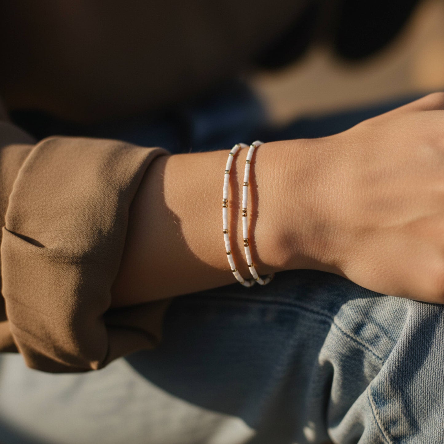 Confetti Beaded Bangle-White, Delicate Stacking Bracelets