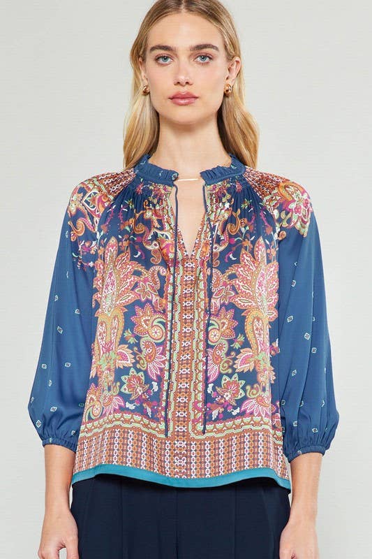 Paisley Printed 3/4 Sleeve Split Neck Blouse