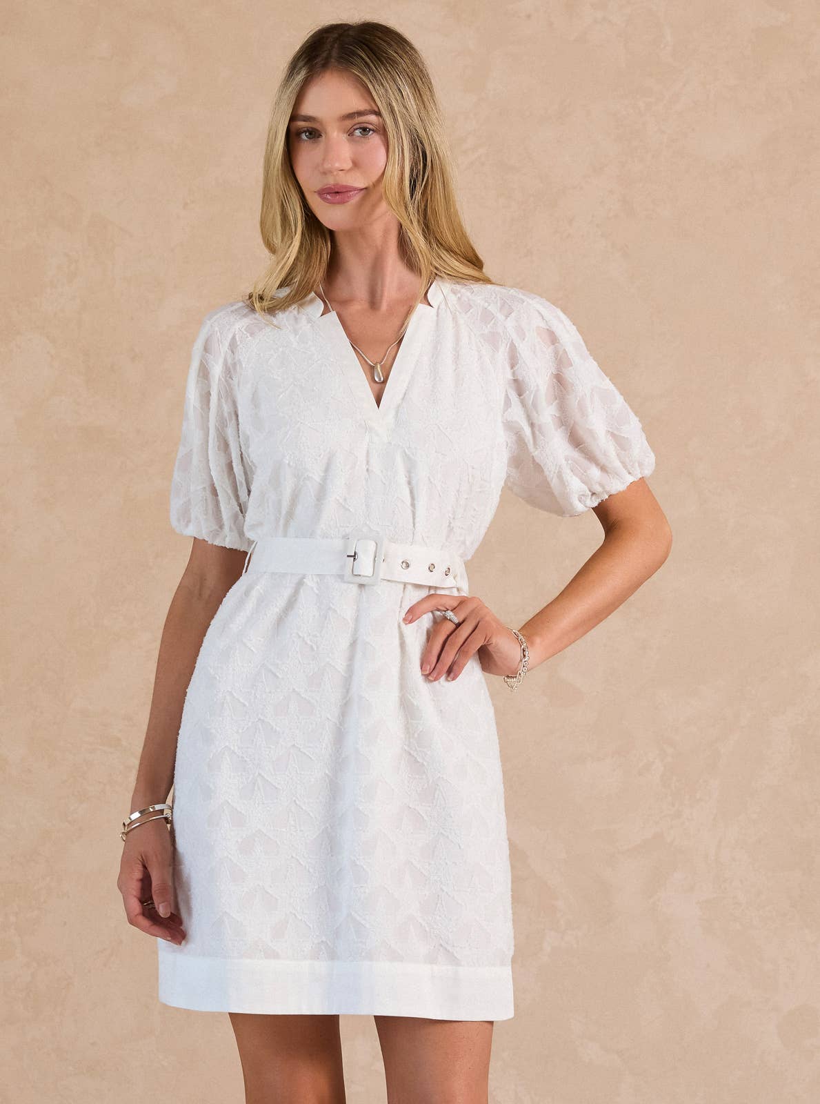 Textured Star Pattern Belted Mini Dress