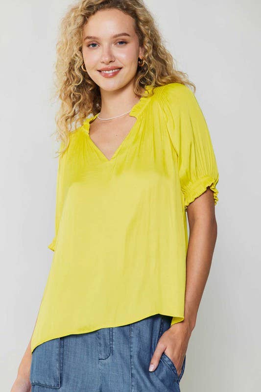 Short-sleeve V-neck Blouse W/ruffle Smocked Detail