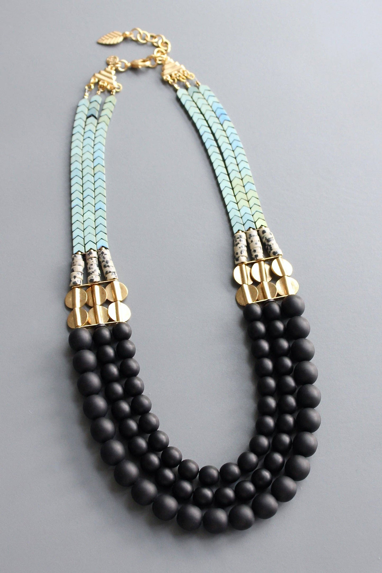 HYL221 Jet glass and hematite triple strand necklace