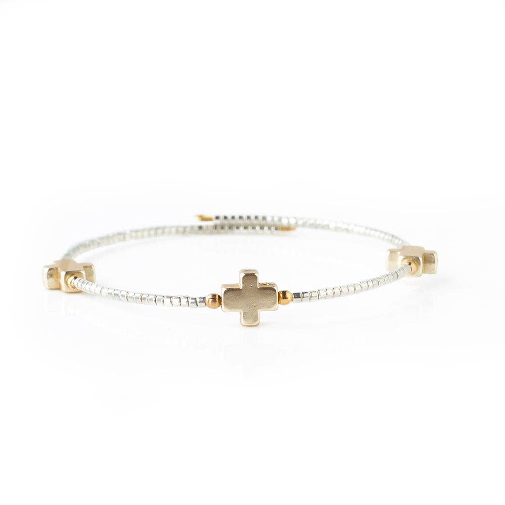 Faithful Beaded Cross Bangle w/ Matte Gold Crosses-Silver