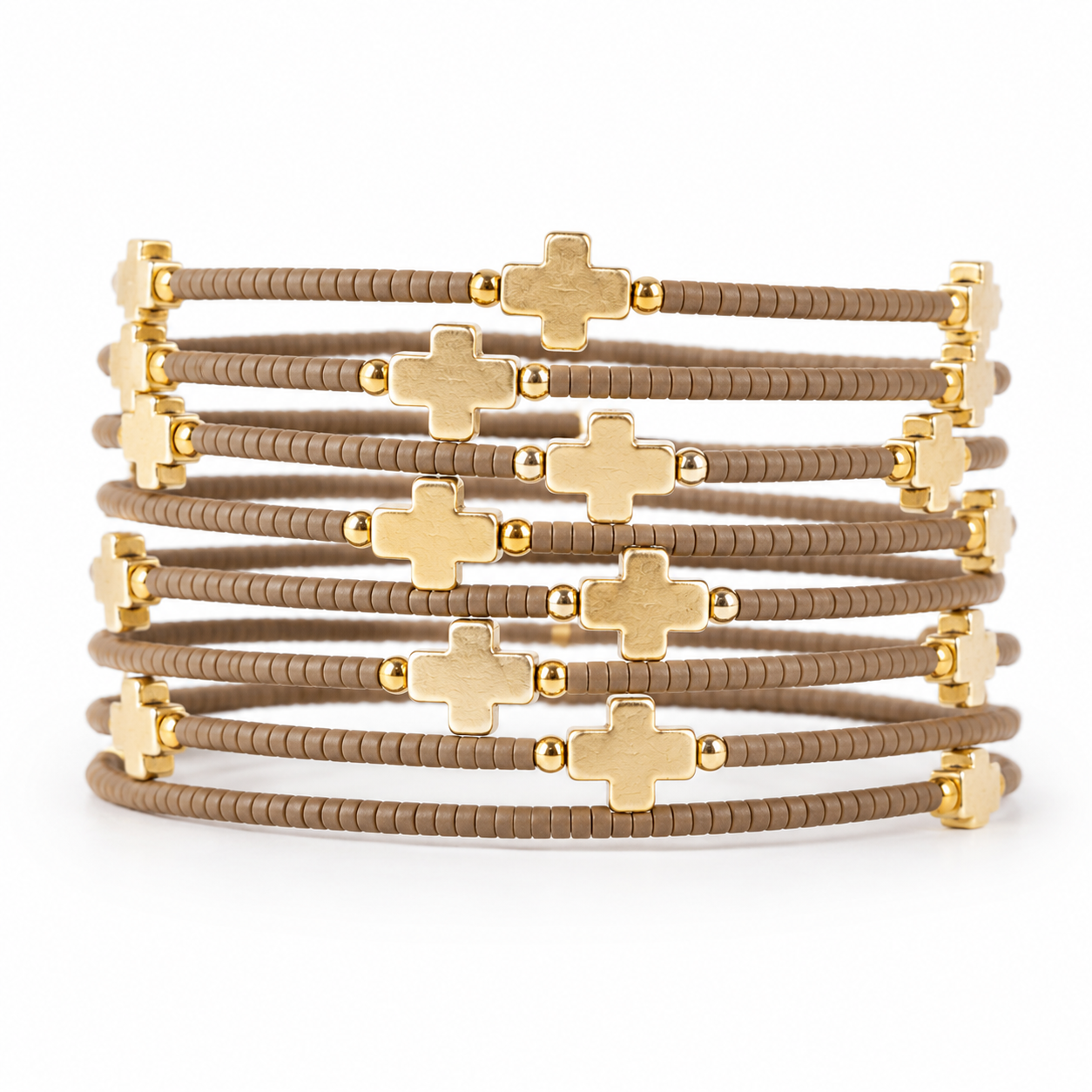 Faithful Beaded Cross Bangle w/ Matte Gold Crosses-Mocha