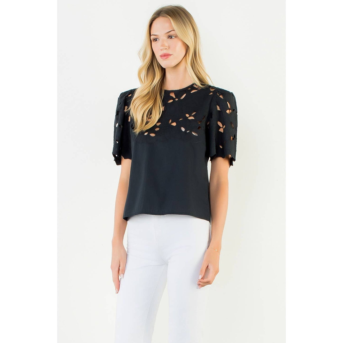 Short Sleeve Eyelet Top - Black