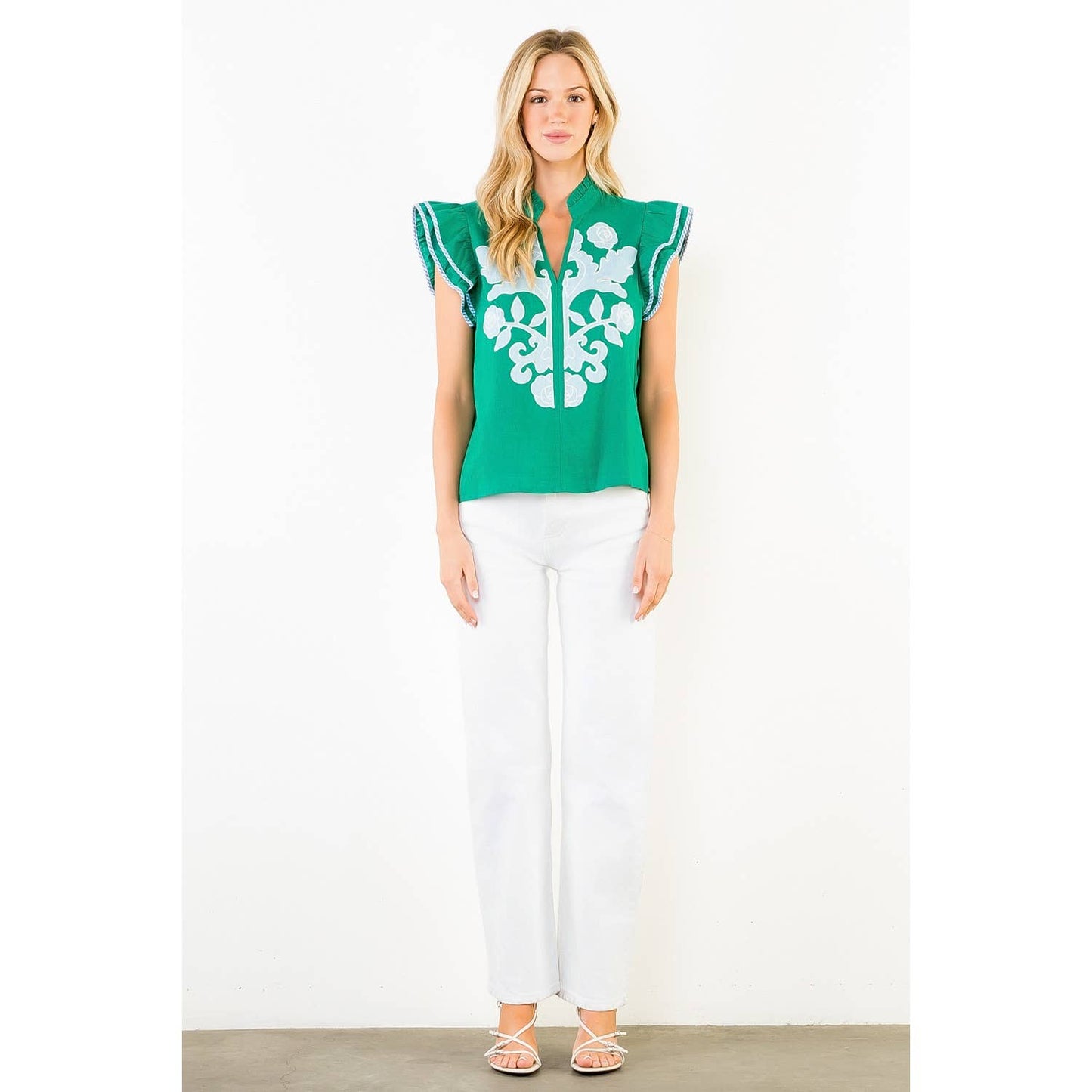Embroidered Top With Ruffled Flutter Sleeves