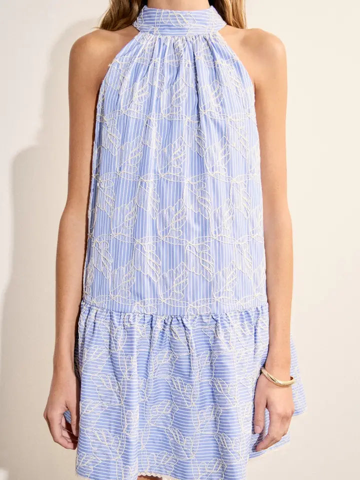 BLUE STRIPED HALTER DRESS WITH BOW DETAIL