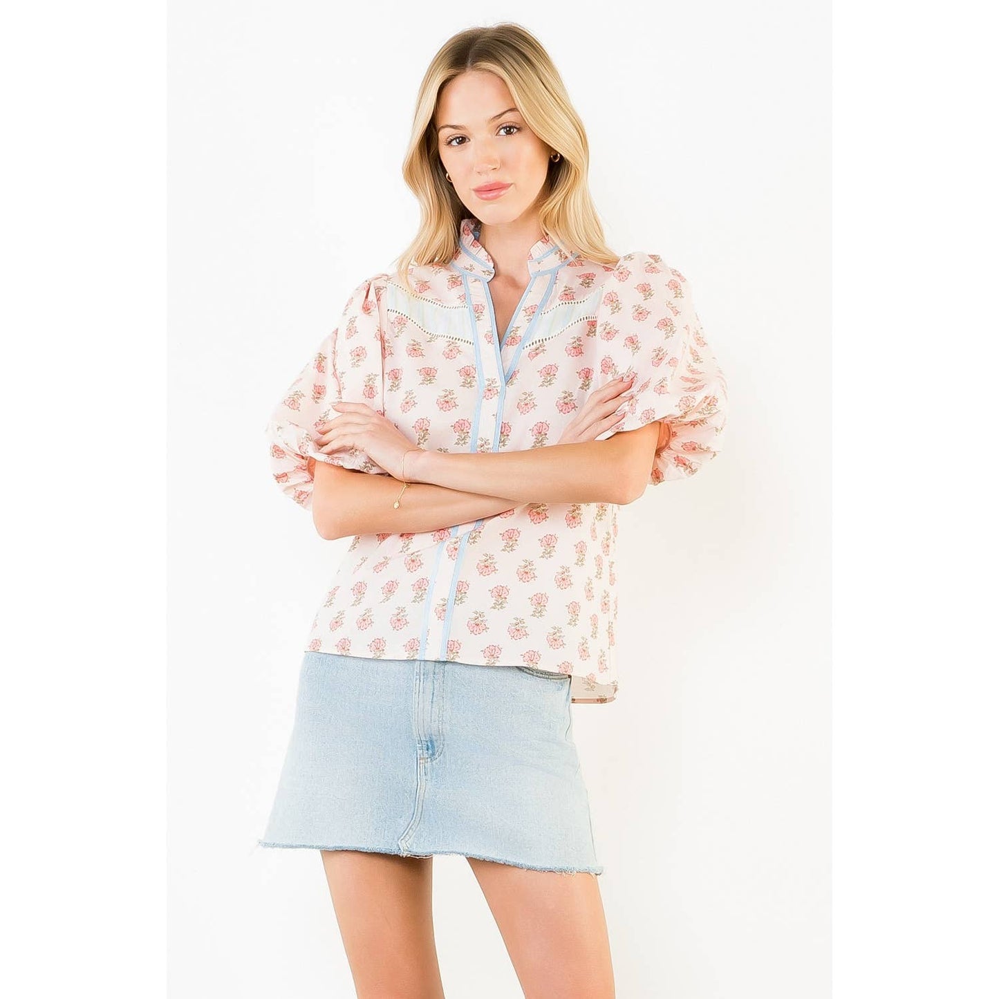 Puff Sleeve Floral Detail V-Neck Top